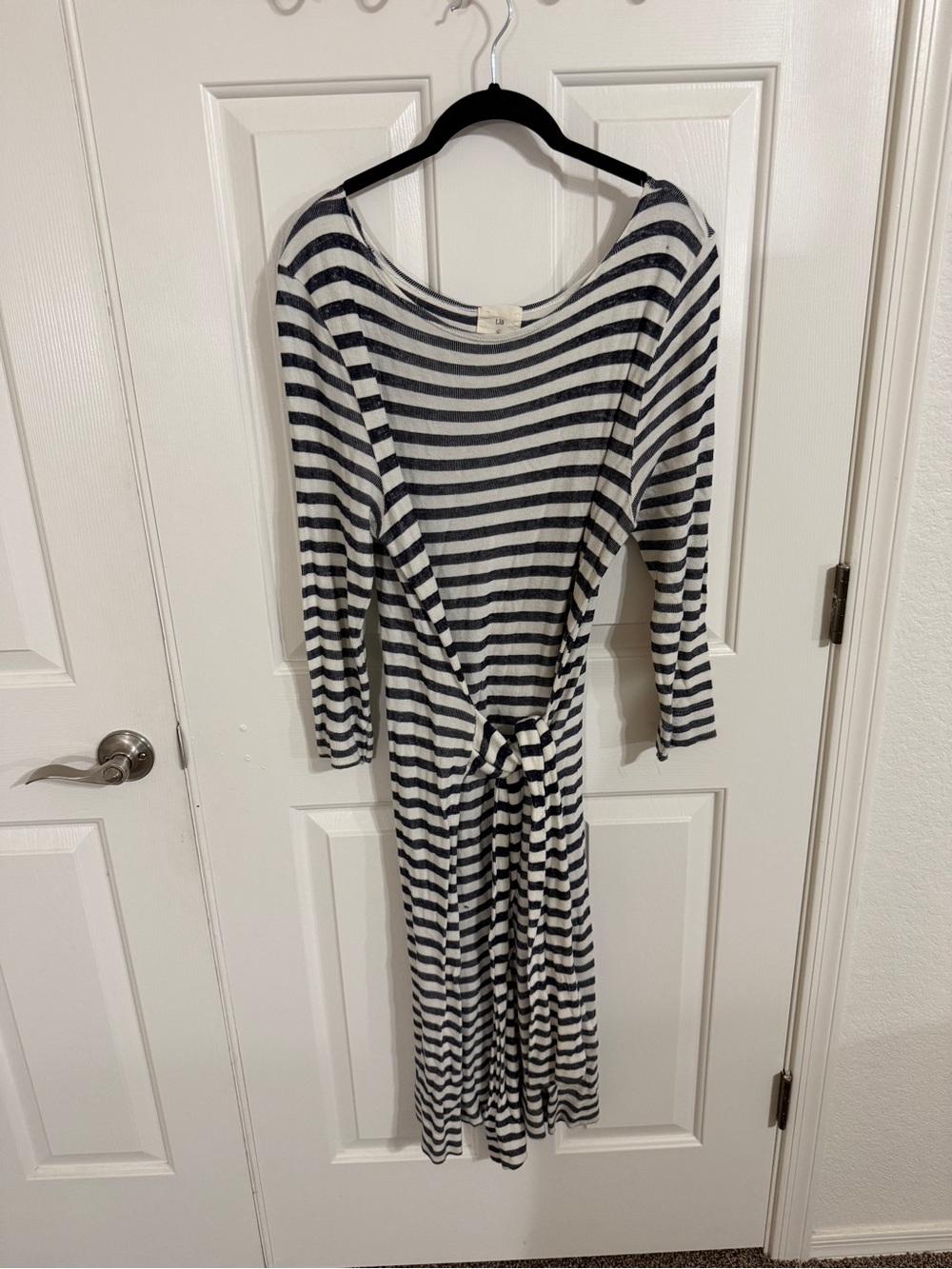 Anthropologie T.La Becky L Navy Stripe Tie Waist Boat Neck Midi Dress